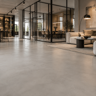 Betonlook of gietvloer met zwart staal