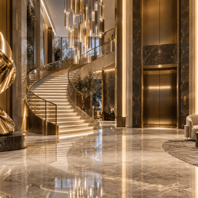 Een imposante trap met lift, exclusieve verlichting en een luxe kunstobject als eyecatcher