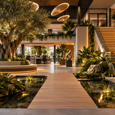 Een grote boom, plant of iets met water in het midden. Eventueel gecombineerd met zitplek