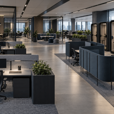 Een overzichtelijke open werkvloer met nette bureaus, akoestische panelen en duidelijke looplijnen
